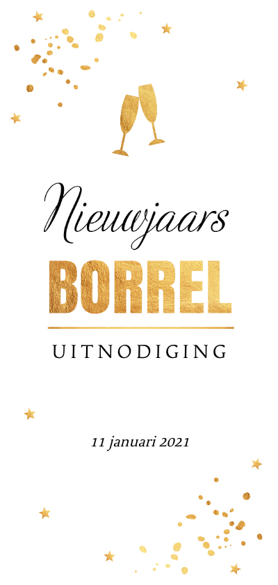 Nieuwjaarsborrel uitnodiging gouden confetti langwerpig - Nieuwjaarskaarten Nieuwjaarskaarten - Nieuwjaarsborrel uitnodiging gouden confetti langwerpig
