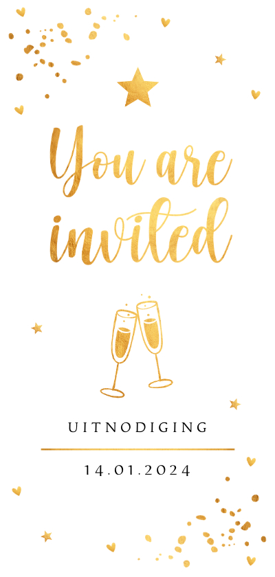 Nieuwjaarskaarten - Nieuwjaarsborrel uitnodiging goudlook confetti