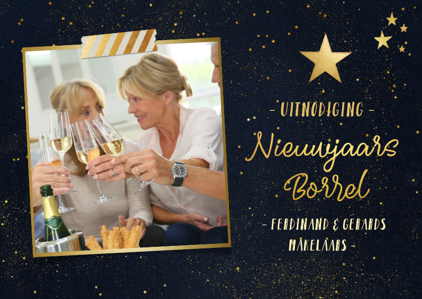 Nieuwjaarskaarten - Nieuwjaarsborrel uitnodiging met foto - zwart en goud