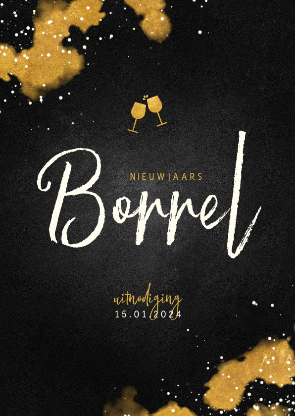 Nieuwjaarsborrel uitnodiging met proostende glazen goud - Nieuwjaarskaarten Nieuwjaarskaarten - Nieuwjaarsborrel uitnodiging met proostende glazen goud