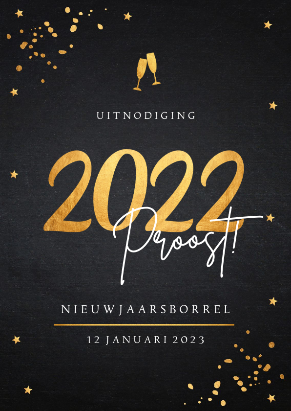 Nieuwjaarsborrel uitnodiging zwart confetti goudlook - Nieuwjaarskaarten Nieuwjaarskaarten - Nieuwjaarsborrel uitnodiging zwart confetti goudlook