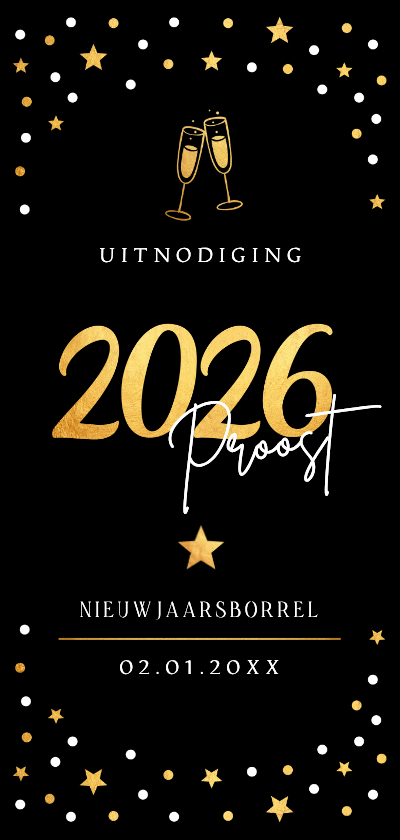 Nieuwjaarsborrel uitnodiging zwart sterren goudlook 2026 - Nieuwjaarskaarten Nieuwjaarskaarten - Nieuwjaarsborrel uitnodiging zwart sterren goudlook 2026