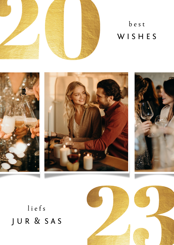 Nieuwjaarskaart 2023 best wishes goudlook met 3 foto's - Nieuwjaarskaarten Nieuwjaarskaarten - Nieuwjaarskaart 2023 best wishes goudlook met 3 foto's