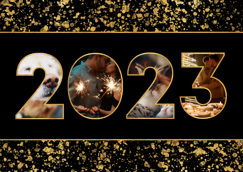 Nieuwjaarskaart 2023 fotocollage spetters - Nieuwjaarskaarten Nieuwjaarskaarten - Nieuwjaarskaart 2023 fotocollage spetters