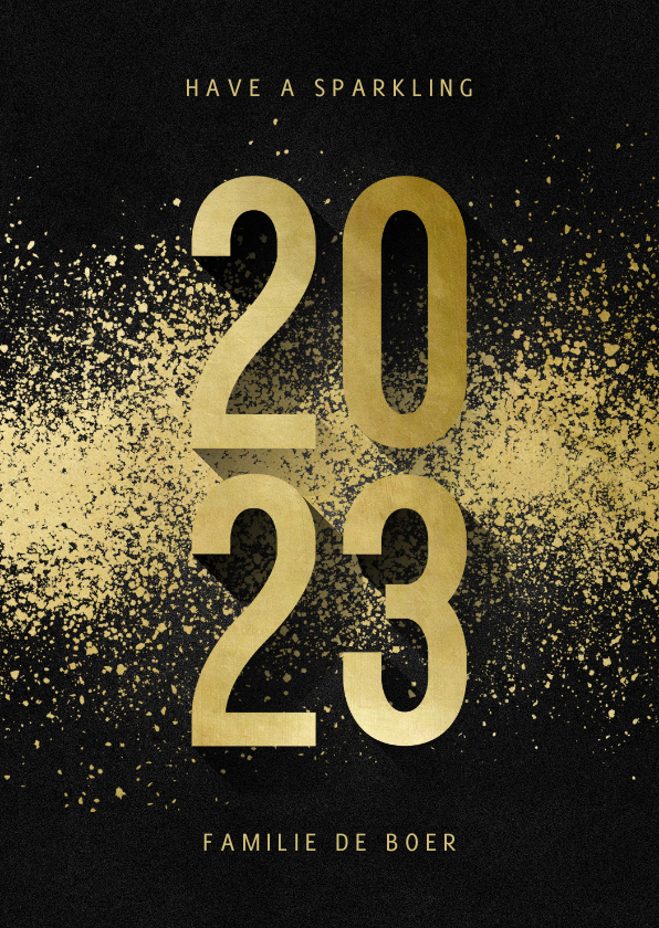 Nieuwjaarskaart 2023 goudlook met spetters - Nieuwjaarskaarten Nieuwjaarskaarten - Nieuwjaarskaart 2023 goudlook met spetters