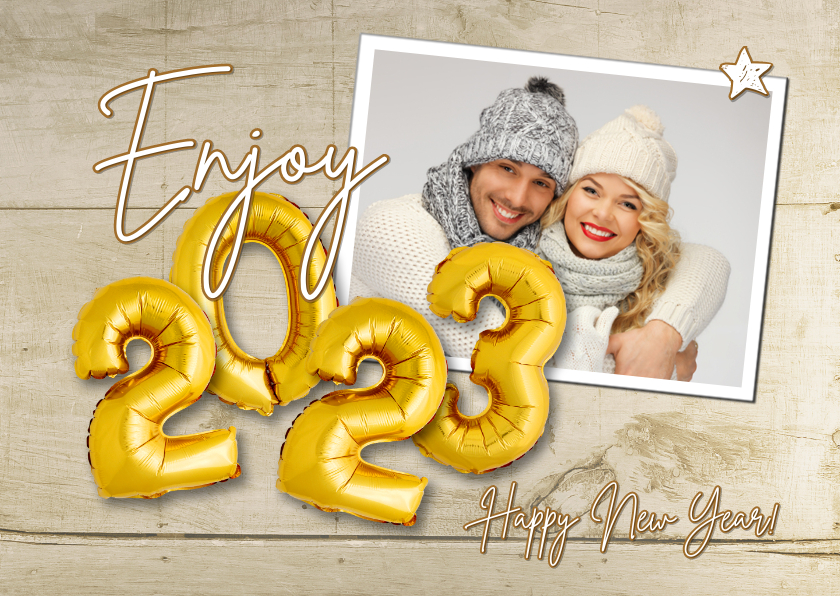 Nieuwjaarskaarten - Nieuwjaarskaart 2023 hout met ballonnen goud