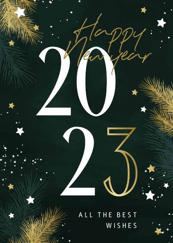 Nieuwjaarskaart 2023 met kersttakjes en gouden sterren - Nieuwjaarskaarten Nieuwjaarskaarten - Nieuwjaarskaart 2023 met kersttakjes en gouden sterren
