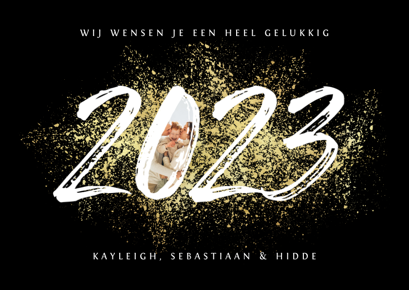 Nieuwjaarskaarten - Nieuwjaarskaart 2023 stijlvol goud spetters vuurwerk