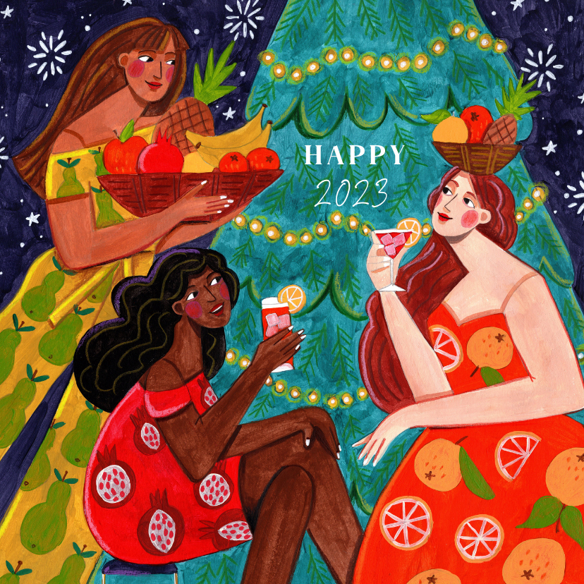 Nieuwjaarskaarten - Nieuwjaarskaart 2023 vrouwen drinken fruit cocktail