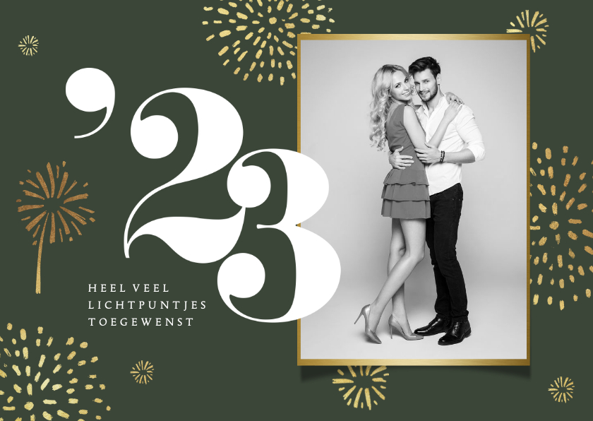 Nieuwjaarskaart 2023 vuurwerk goud stijlvol foto - Nieuwjaarskaarten Nieuwjaarskaarten - Nieuwjaarskaart 2023 vuurwerk goud stijlvol foto