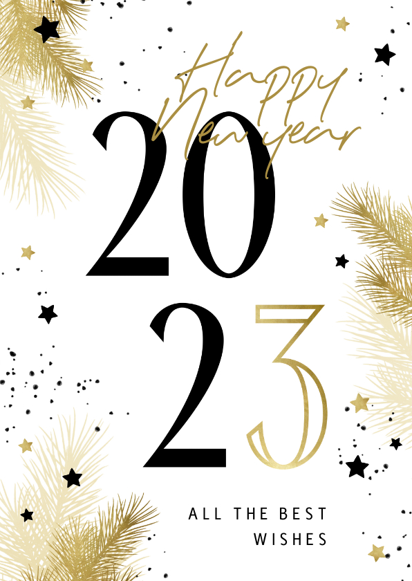 Nieuwjaarskaarten - Nieuwjaarskaart 2023 zwart-wit met takjes en sterren