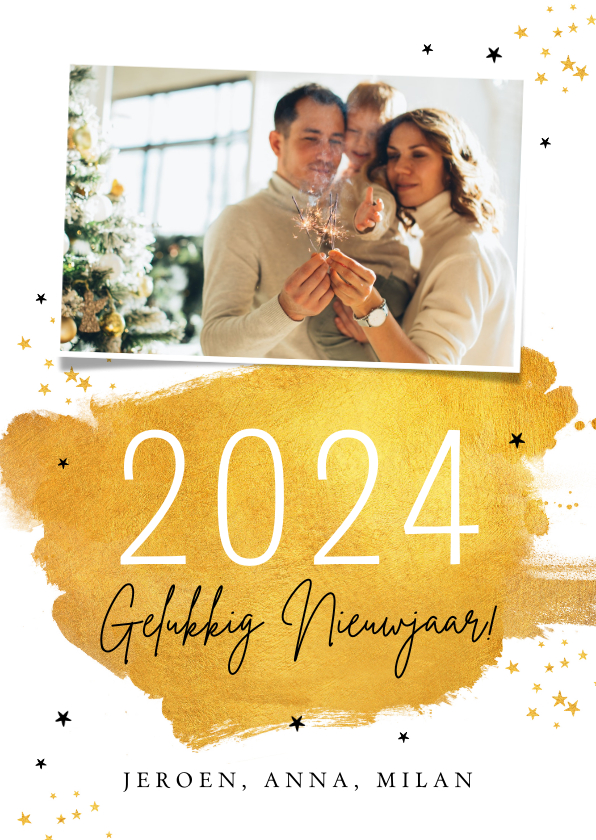 Nieuwjaarskaarten - Nieuwjaarskaart 2024 goud verf sterren foto stijlvol