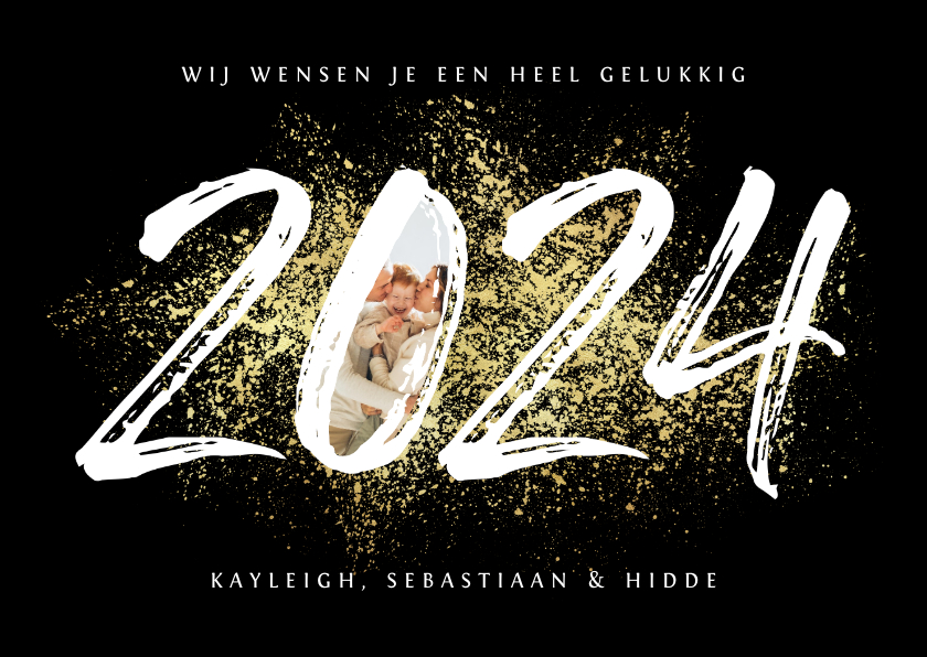 Nieuwjaarskaarten - Nieuwjaarskaart 2024 stijlvol goud spetters vuurwerk