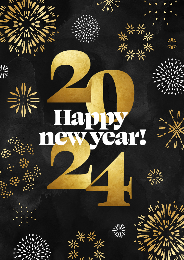 Nieuwjaarskaarten - Nieuwjaarskaart 2024 vuurwerk goud happy new year