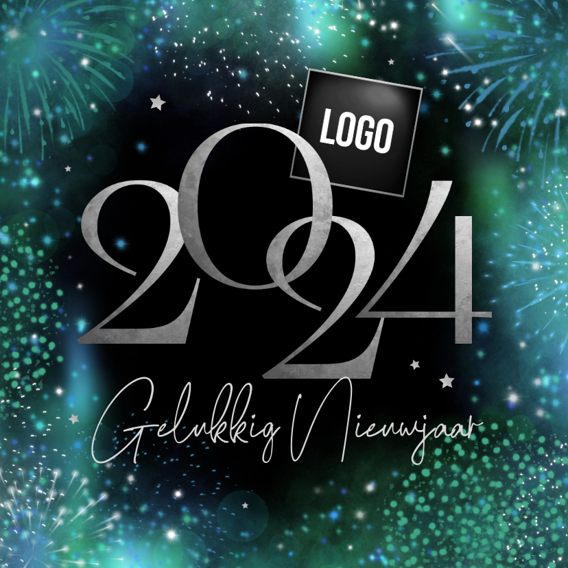 Nieuwjaarskaarten - Nieuwjaarskaart 2024 vuurwerk zakelijk zilver sterren logo