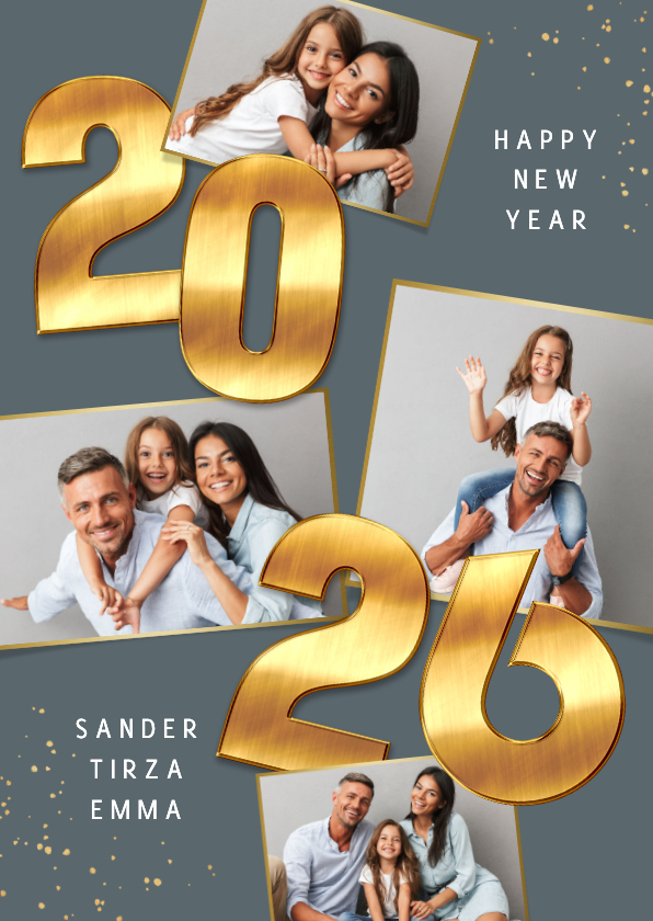 Nieuwjaarskaart 2026 goud cijfers spetters fotocollage - Nieuwjaarskaarten Nieuwjaarskaarten - Nieuwjaarskaart 2026 goud cijfers spetters fotocollage
