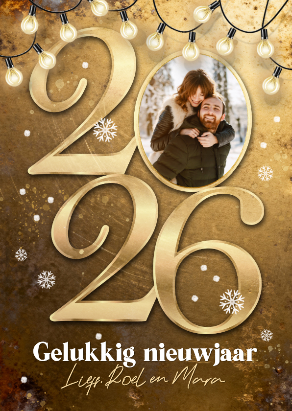 Nieuwjaarskaart 2026 goud metaal kerst fijne feestdagen foto - Nieuwjaarskaarten Nieuwjaarskaarten - Nieuwjaarskaart 2026 goud metaal kerst fijne feestdagen foto