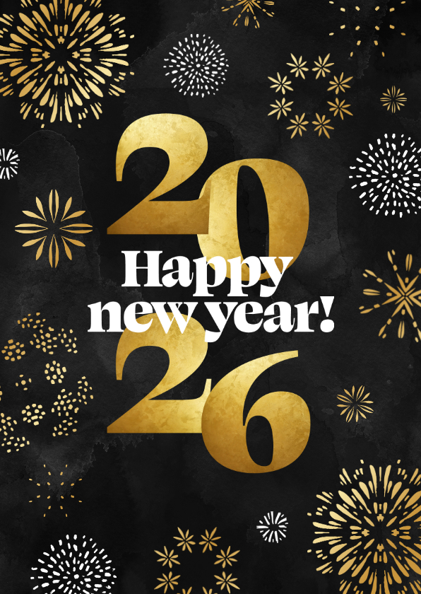 Nieuwjaarskaarten - Nieuwjaarskaart 2026 vuurwerk goud happy new year