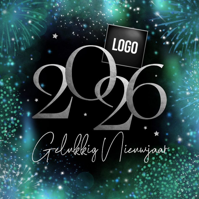 Nieuwjaarskaart 2026 vuurwerk zakelijk zilver sterren logo - Nieuwjaarskaarten Nieuwjaarskaarten - Nieuwjaarskaart 2026 vuurwerk zakelijk zilver sterren logo