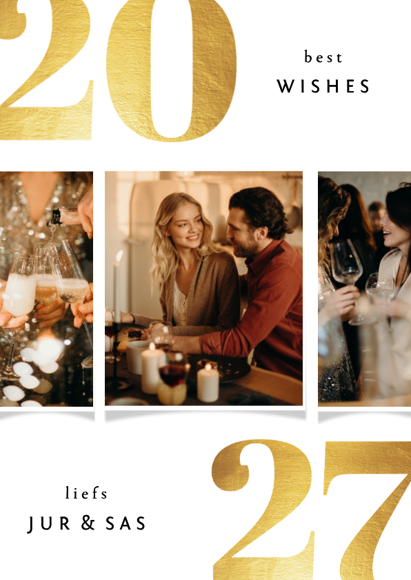 Nieuwjaarskaart 2027 best wishes goudlook met 3 foto's - Nieuwjaarskaarten Nieuwjaarskaarten - Nieuwjaarskaart 2027 best wishes goudlook met 3 foto's