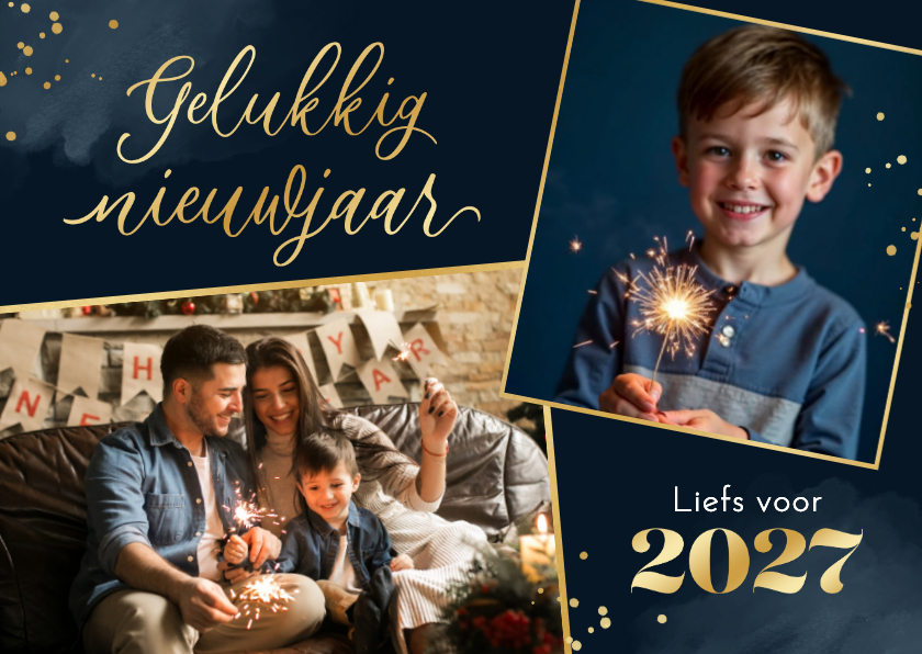 Nieuwjaarskaart 2027 foto's waterverf goud persoonlijk - Nieuwjaarskaarten Nieuwjaarskaarten - Nieuwjaarskaart 2027 foto's waterverf goud persoonlijk