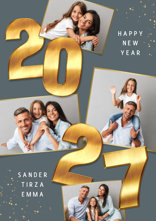 Nieuwjaarskaart 2027 goud cijfers spetters fotocollage - Nieuwjaarskaarten Nieuwjaarskaarten - Nieuwjaarskaart 2027 goud cijfers spetters fotocollage