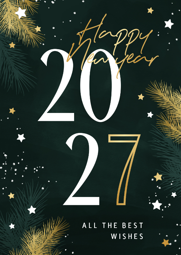 Nieuwjaarskaart 2027 met kersttakjes en gouden sterren - Nieuwjaarskaarten Nieuwjaarskaarten - Nieuwjaarskaart 2027 met kersttakjes en gouden sterren