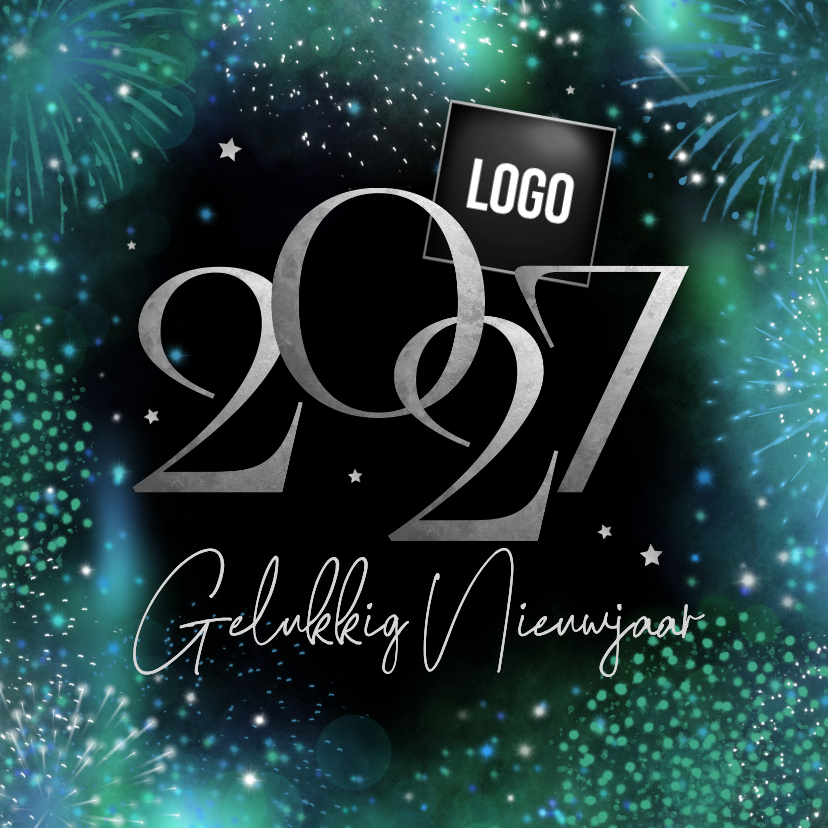 Nieuwjaarskaart 2027 vuurwerk zakelijk zilver sterren logo - Nieuwjaarskaarten Nieuwjaarskaarten - Nieuwjaarskaart 2027 vuurwerk zakelijk zilver sterren logo