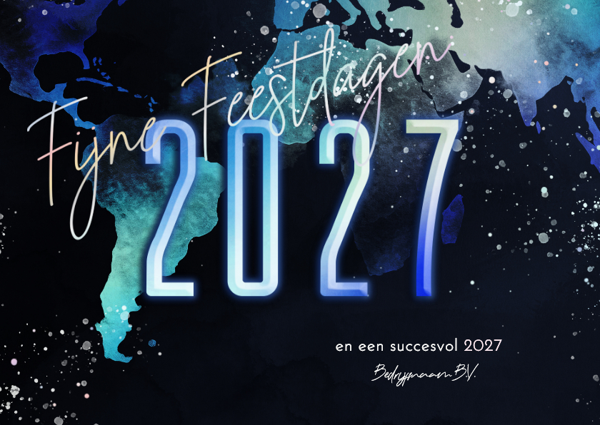 Nieuwjaarskaart 2027 wereldkaart in neonkleuren - Nieuwjaarskaarten Nieuwjaarskaarten - Nieuwjaarskaart 2027 wereldkaart in neonkleuren