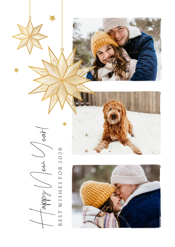 Nieuwjaarskaarten - Nieuwjaarskaart 3 foto's happy new year gouden sterren 