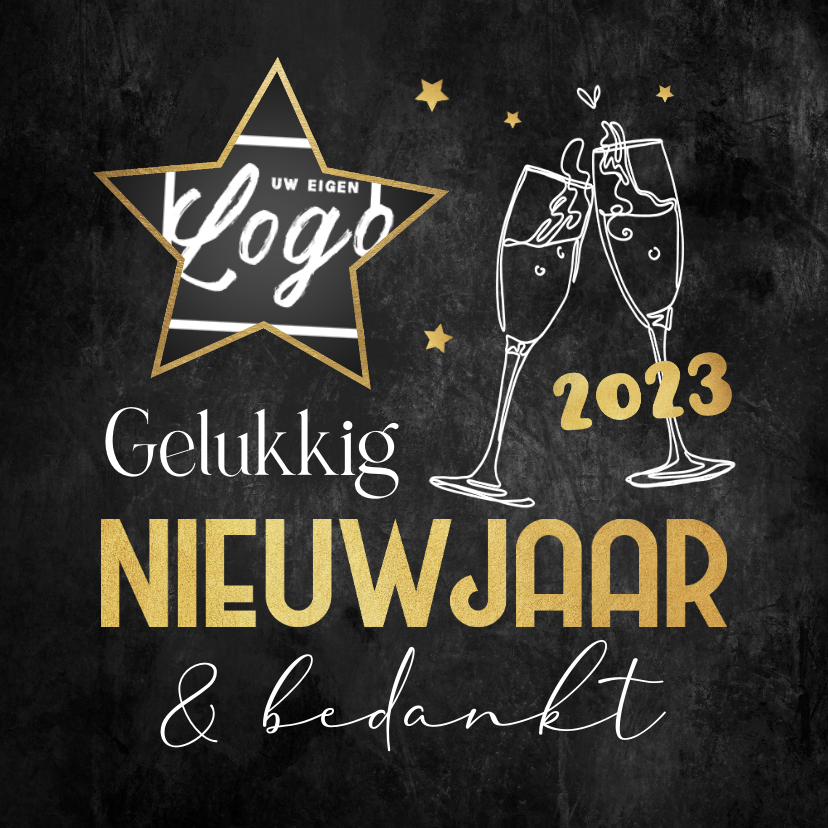 Nieuwjaarskaarten - Nieuwjaarskaart bedankt champagne sterren logo 2023