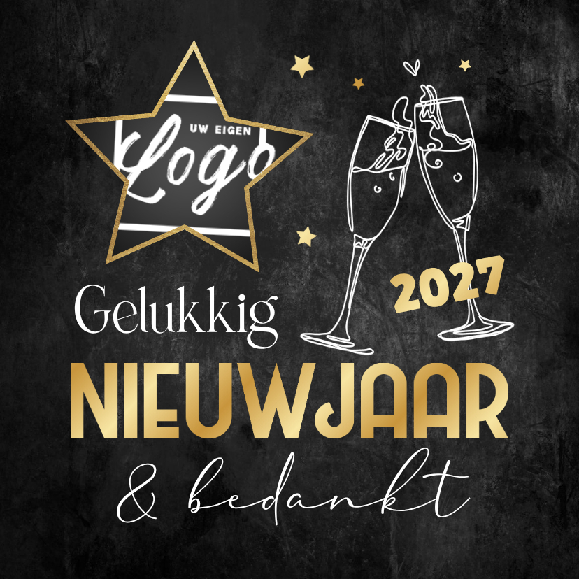 Nieuwjaarskaart bedankt champagne sterren logo 2027 - Nieuwjaarskaarten Nieuwjaarskaarten - Nieuwjaarskaart bedankt champagne sterren logo 2027