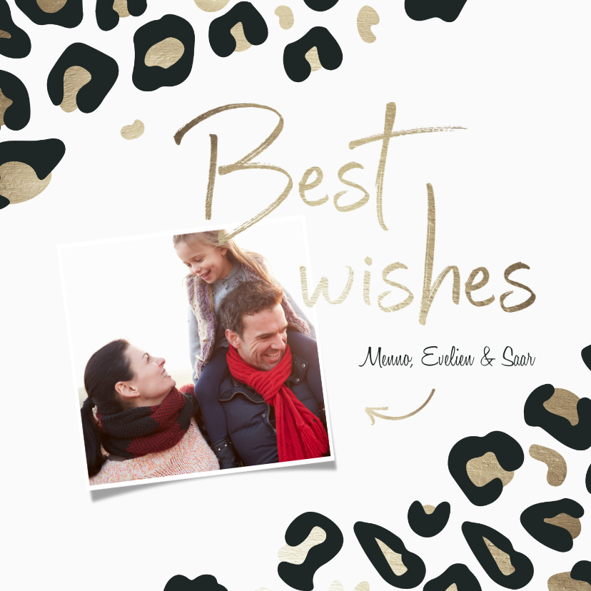 Nieuwjaarskaart Best wishes met foto goudlook panterprint - Nieuwjaarskaarten Nieuwjaarskaarten - Nieuwjaarskaart Best wishes met foto goudlook panterprint