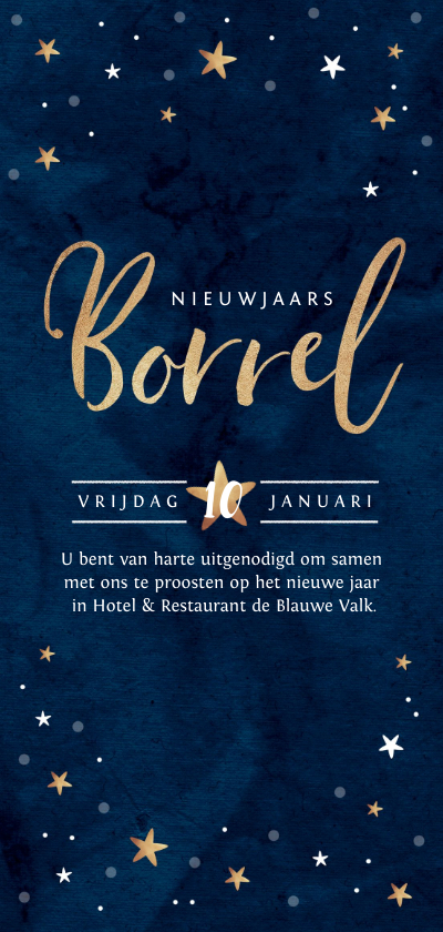 Nieuwjaarskaarten - Nieuwjaarskaart borrel goudlook blauw met sterren