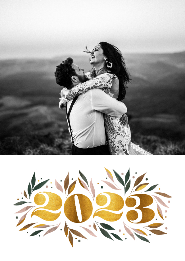 Nieuwjaarskaarten - Nieuwjaarskaart botanisch '2023' goud met foto