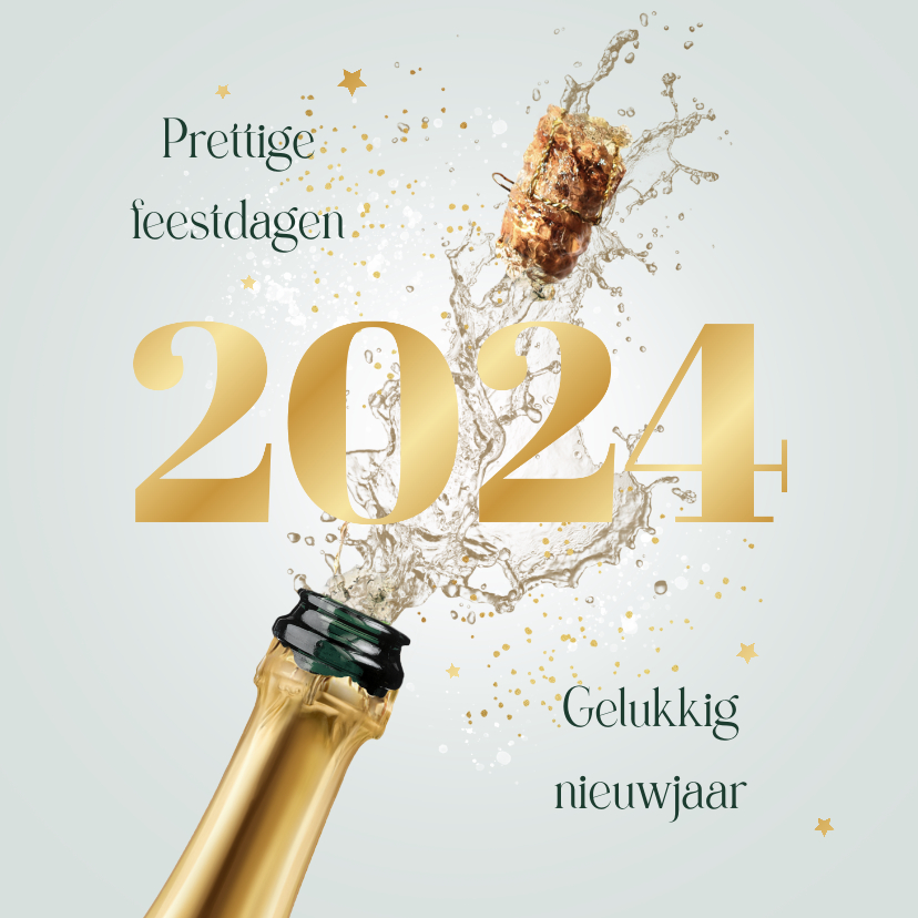 Nieuwjaarskaarten - Nieuwjaarskaart champagne 2024 sterretjes goud feestdagen