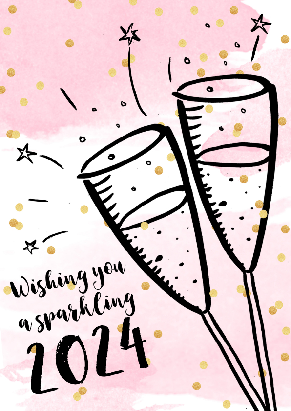 Nieuwjaarskaarten - Nieuwjaarskaart champagne aquarel confetti
