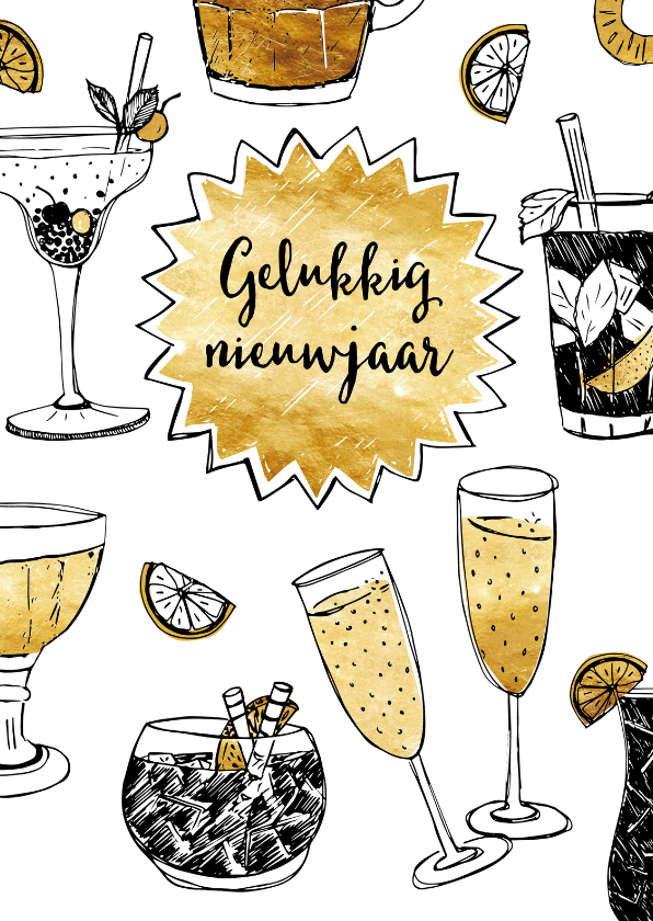 Nieuwjaarskaarten - Nieuwjaarskaart champagne goud 