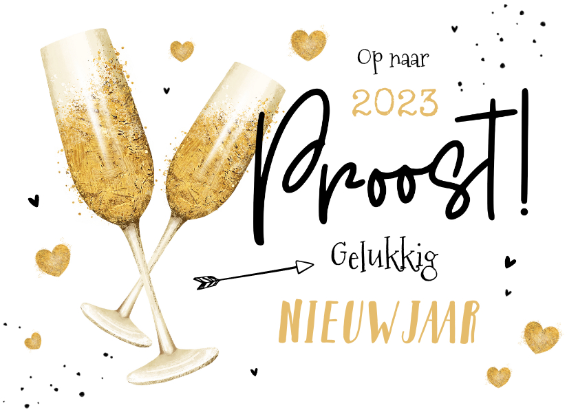 Nieuwjaarskaarten - Nieuwjaarskaart champagne gouden hartjes liefde 2023