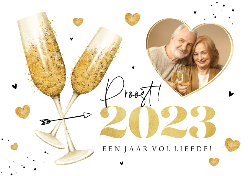 Nieuwjaarskaart champagne hartjes liefde goud 2023 foto - Nieuwjaarskaarten Nieuwjaarskaarten - Nieuwjaarskaart champagne hartjes liefde goud 2023 foto