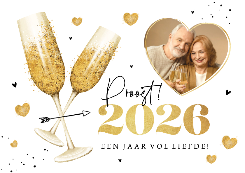 Nieuwjaarskaart champagne hartjes liefde goud 2026 foto - Nieuwjaarskaarten Nieuwjaarskaarten - Nieuwjaarskaart champagne hartjes liefde goud 2026 foto