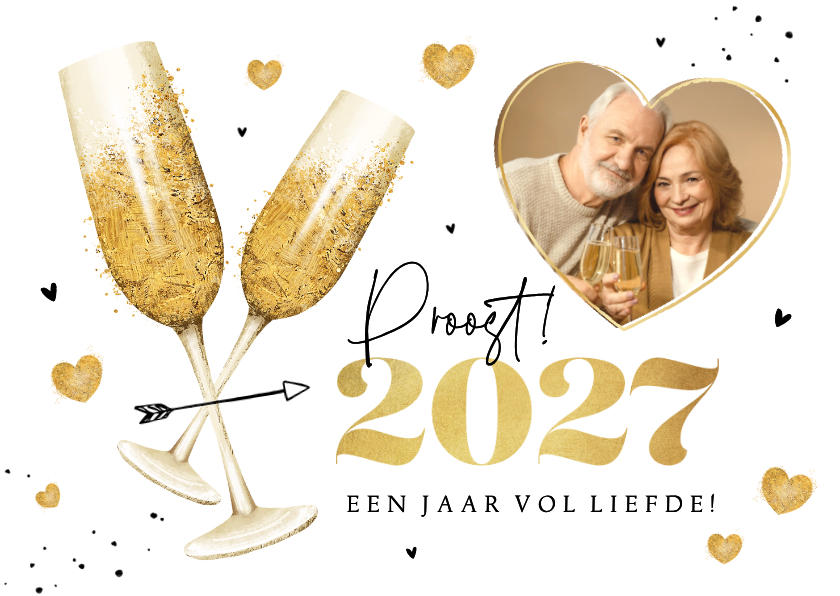Nieuwjaarskaart champagne hartjes liefde goud 2027 foto - Nieuwjaarskaarten Nieuwjaarskaarten - Nieuwjaarskaart champagne hartjes liefde goud 2027 foto