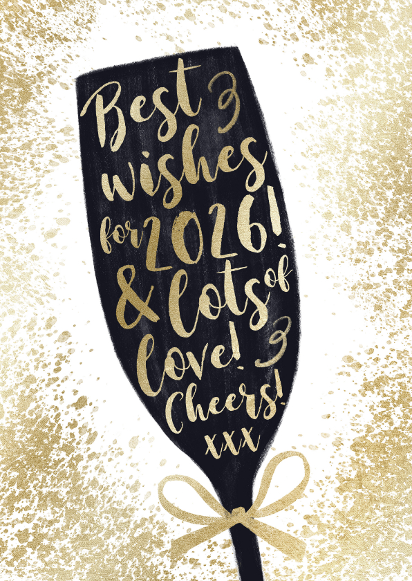 Nieuwjaarskaart champagne silhouet goudlook confetti strik - Nieuwjaarskaarten Nieuwjaarskaarten - Nieuwjaarskaart champagne silhouet goudlook confetti strik