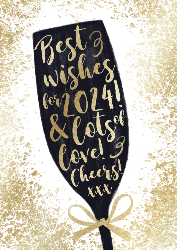 Nieuwjaarskaarten - Nieuwjaarskaart champagne silhouet goudlook confetti strik