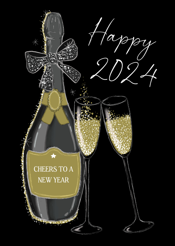 Nieuwjaarskaarten - Nieuwjaarskaart champagnefles en glazen