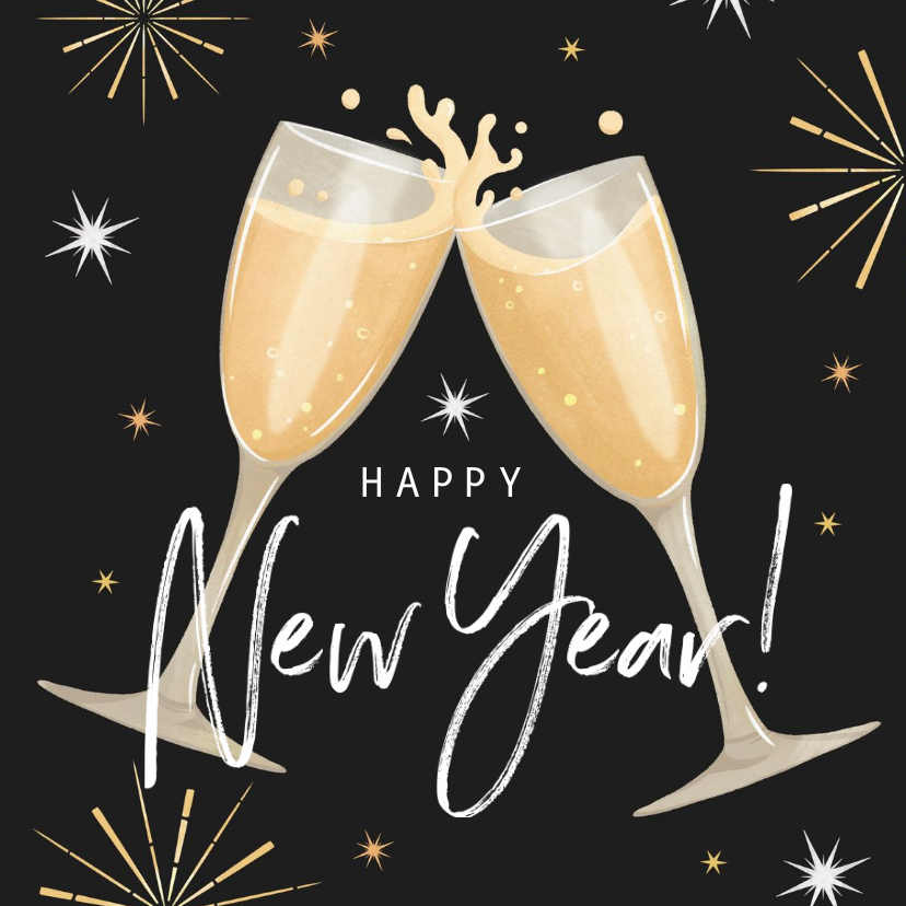Nieuwjaarskaarten - Nieuwjaarskaart champagneglazen happy new year vuurwerk
