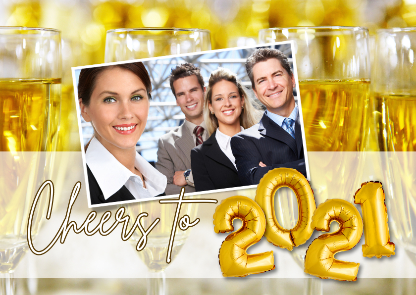 Nieuwjaarskaart Cheers to 2021 champagne ballonnen goud - Nieuwjaarskaarten Nieuwjaarskaarten - Nieuwjaarskaart Cheers to 2021 champagne ballonnen goud