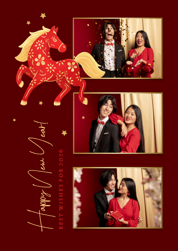 Nieuwjaarskaart Chinees fotocollage sterren paard - Nieuwjaarskaarten Nieuwjaarskaarten - Nieuwjaarskaart Chinees fotocollage sterren paard