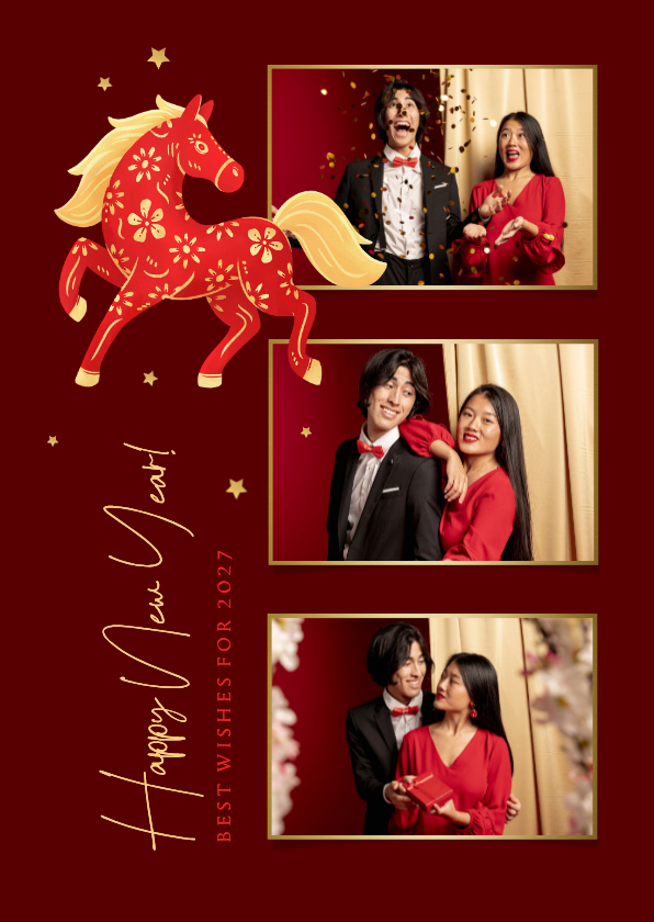 Nieuwjaarskaart Chinees fotocollage sterren paard - Nieuwjaarskaarten Nieuwjaarskaarten - Nieuwjaarskaart Chinees fotocollage sterren paard