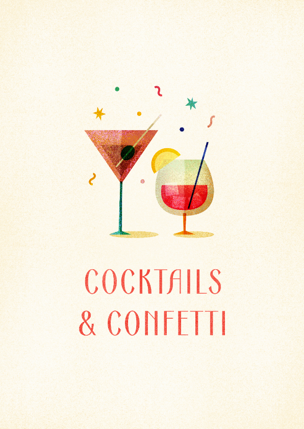 Nieuwjaarskaarten - Nieuwjaarskaart cocktails & confetti simpel